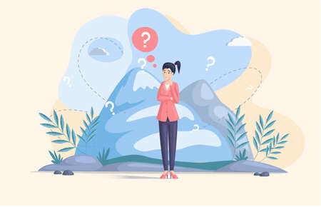 Making confusion. Woman thought about solution to problem, choose options person concept. Career, life and question decision process visualization. Person thinks hesitates to make ones choiceのイラスト素材