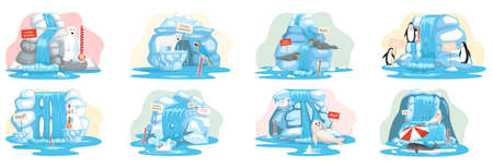 Global warming, environment pollution, global warming heating impact. Change climate. Penguins and polar bear floating on iceberg. World Environment Day, sun ecology. Global warming ice landscapeのイラスト素材