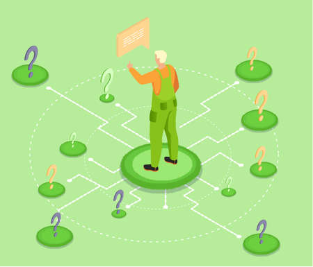 Making confusion, choice decision. Man think about solution to problem, presses right answer button. Doubt and struggle about strategy, path direction with question marks. Search for correct actionのイラスト素材