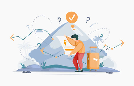 Making confusion choice of path. Man thought about solution to problem choose options person concept. Career, life and question decision. Person traveler with bag thinks hesitates to make ones choiceのイラスト素材