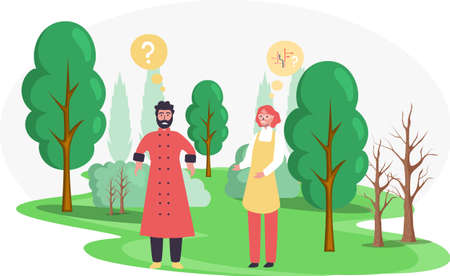 Pensive couple walking outdoor in park, people ponder looking for answer to question. Cartoon confused characters. Frustrated man and woman making decision. Vulnerable person in doubt making confusionのイラスト素材