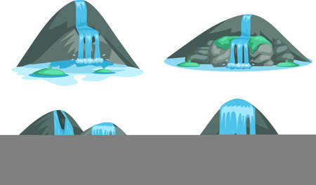 Falling water. River waterfall falls from cliff white background. Water fall streams. Picturesque tourist attraction with small waterfall and clear water. Cartoon landscapes with mountains and treeのイラスト素材