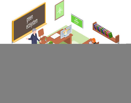 Leading lesson about green ecosystem. Developing class with creative discussion. School education, e-learning process. Classroom activity with teacher, learning with technology, lessons in classのイラスト素材