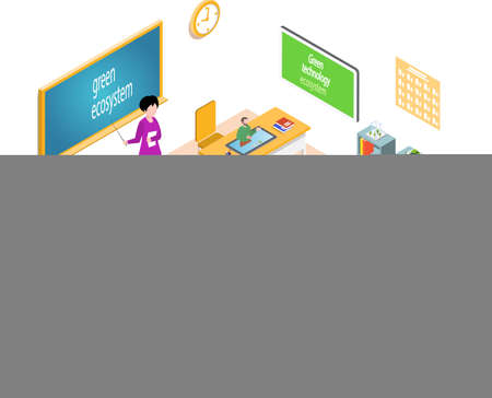 Woman is leading lesson about green ecosystem. Developing lesson with creative discussions. Collective meeting or group conference. School education, learning process. Classroom activity with teacherのイラスト素材