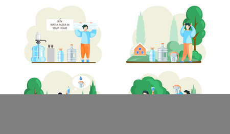 Drinking water in plastic bottles, buy home mechanical cleaning water filter, clean water is key to health scenes set. Household filter for drinking water purification, safe drink for human healthのイラスト素材