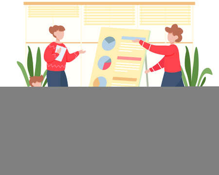 Business characters working in office workplace. Co working people, meeting teamwork, collaboration and discussion. Businesspeople office life, colleagues discuss financial report, women communicateのイラスト素材