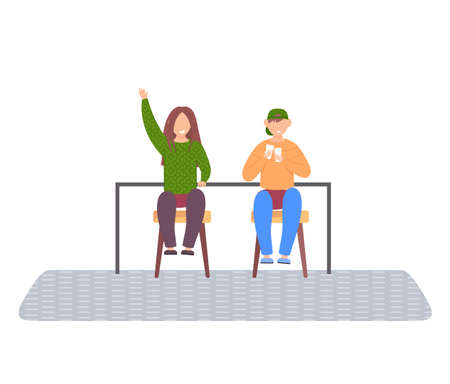 Children playing cards sitting at table in room, friends having good time together vector Illustration.のイラスト素材