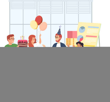 Birthday party in office flat vector illustration. Workers organize holiday, congratulate boss. Interaction, entertainment at workplace. Business team giving gifts balloonns and cake to colleagueのイラスト素材