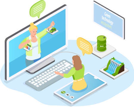 Woman communicates with friend online. Virtual meeting or conference. Chatting with friend by videochat, videoconferencing using green technology. Online communication via Internet vector illustrationのイラスト素材