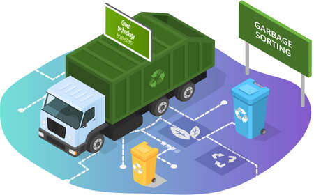 Garbage truck and trash recycling bins. Waste transport vehicle isometric illustration. Innovative green technology, eco smart system and recycling. Garbage sorting, waste management conceptのイラスト素材
