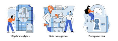 Big data analytics platform, data management and protection creative metaphor set abstract concept. Data center room disk infrastructure business information safety. Technology Internet and networkのイラスト素材