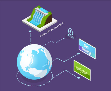 Hydroelectricity power station for alternative energy concept. Providing planet with eco-friendly electricity. Renewable net energy. Power production using green technology, industrial developmentのイラスト素材