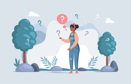 Making confusion. Woman thought about solution to problem, choose options person concept. Career, life and question decision process visualization. Person thinks hesitates to make ones choiceのイラスト素材