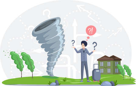 Solving problem of environmental disasters. Huge tornado destroying houses and buildings on its Path. Male scientist is studying issue of tornadoes. Person thinks about catastrophe makes decisionのイラスト素材