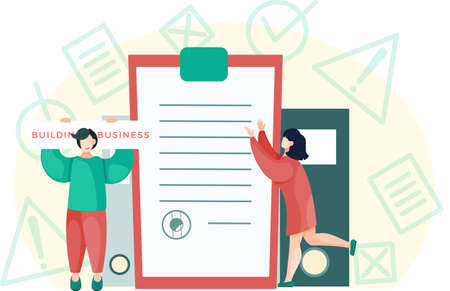 Creative concept of education. Student stands near stack of books. Back to school. Learning process. Business people communicate at meeting, folders with documents, meetup, conversation in officeのイラスト素材