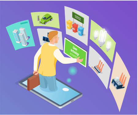 Industrial development, protection of enviroment concept. Man analyzes integration of new technologies. Male character working with green technology, waste recycling, creation of alternative energyのイラスト素材