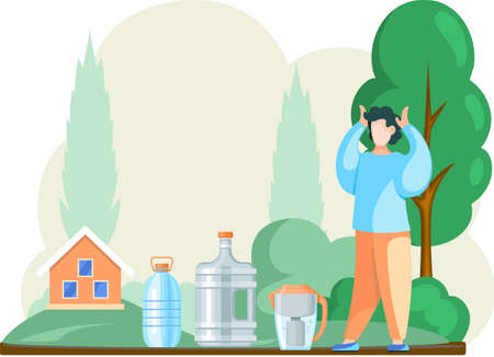Drinking water in plastic bottles, large water flask and household water filter outdoor in garden. Man stands in clearing near containers with purified filtered drinking water for healthy lifestyleのイラスト素材