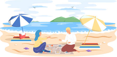 Couple playing board game sitting on sandy beach. Friends enjoy indoor activity in summer vacation. Cartoon character guy and girl having fun outdoors together, resting on weekend with tablegameのイラスト素材