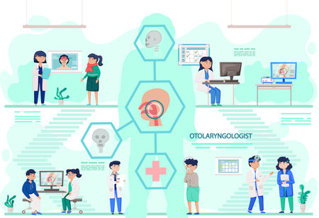 Otolaryngologist doctor with nose, ear and throat or ENT diagnostic and treatment instruments. Otology doctor with patient. Otorhinolaryngology healthcare medicine or otolaryngology diseasesのイラスト素材