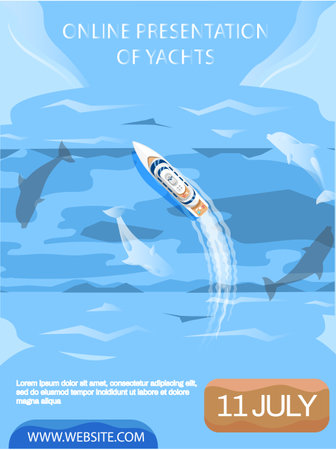 White sailing yacht in blue sea with whales and dolphins marine life top view. Sailing ship floating in ocean. Aerial view. Summer holiday background. Racing on waves, pleasure boat, motor boatのイラスト素材