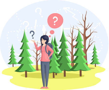 Young camper lost in forest. Girl unable to find way, unknowing direction, have navigation problems. Woman with backpack stands near trees trying to solve problem and find solution to problemのイラスト素材