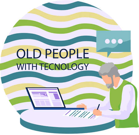 Old people with technology, man with laptop learn to work with computer browsing internet. Grandparents use modern gadgets. Concept of remote work from home, distance courses for retired personのイラスト素材