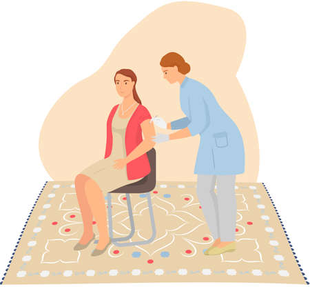 Doctor making injection to female patient. Clinic or hospital cartoon interior room with carpet. Innovative medicine testing or disease treatment. Vaccination. Vector medicine healthcare illustrationのイラスト素材