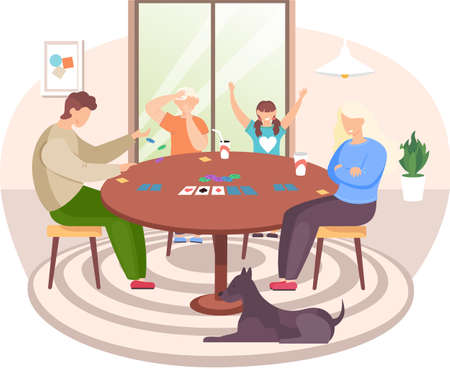 Family playing board game with cards. Mother, father and kids having fun, spending time together at home. Parents with son and daughter enjoy table game. Indoor entertainment for adults and childrenのイラスト素材