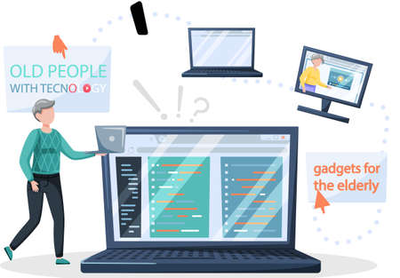 Online lecture and training gadgets for old people, modern means of communication. Pensioner and modern digital technology concept. Oldster education on computer. Seniors learning to work with laptopのイラスト素材