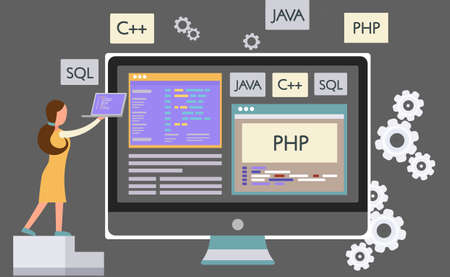 Programmer engineering and coding. Programmer working on code for web app development on computer. Concept of script coding and programming in php, javascript, python languages. Software developersのイラスト素材