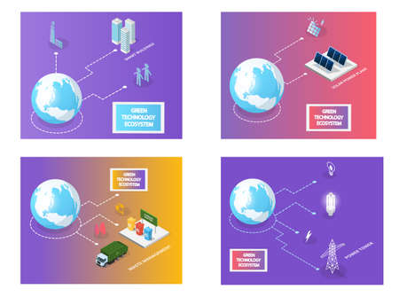 Alternative electricity producing sources, renewable net energy. Power production using green technology. Industrial development, urbanization, waste recycling and sorting illustrations setのイラスト素材