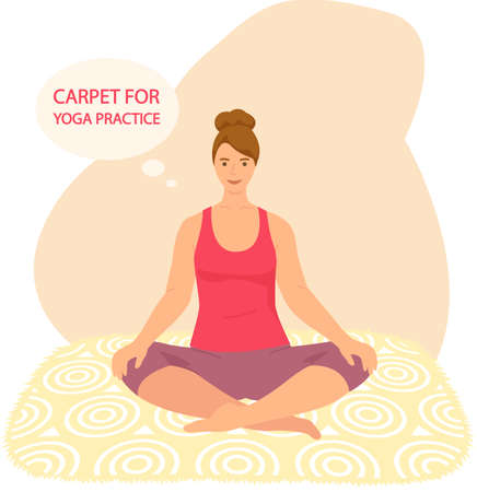 Woman doing yoga on mat inside room. Girl in yoga asana on carpet in home interior. Classes at home during quarantine. Woman meditation. Person sitting in lotus pose and meditating. Relax and calmのイラスト素材