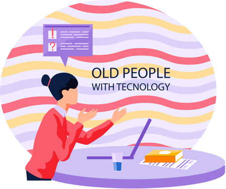 Old woman working on computer at home. Online education, web courses, modern technologies and old age concept. Lady sitting at table with laptop browsing internet looking for information in networkのイラスト素材