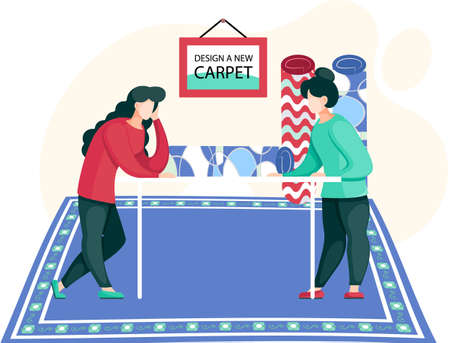 Manufacture of carpets concept. Women are working on design of new tapis, interior shop vector illustration. People stand near table with rug in room with rolled carpets, commercial textile factoryのイラスト素材