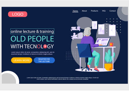 Old people with technology landing page template, man with laptop learn to work with computer. Grandparents use modern gadgets. Concept of remote work from home, distance courses for retired personのイラスト素材