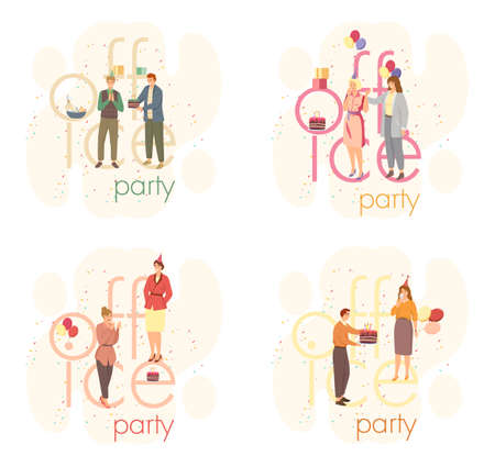 Birthday party in office flat vector illustration. Workers organize holiday, congratulate boss. Interaction, entertainment at workplace. Business team giving gifts balloonns and cake to colleagueのイラスト素材