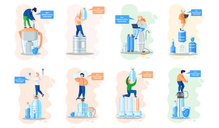 Buy kitchen water filter in home filtering reverse osmosis system mechanical cleaning for use and drinking. Drinkable pure water filtration technology. Purification of pipeline dirty water scenes setのイラスト素材