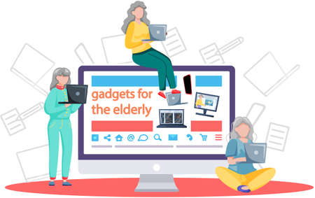 Online lecture and training gadgets for old people, modern means of communication. Pensioner and modern digital technology concept. Oldster education on computer. Seniors learning to work with laptopのイラスト素材