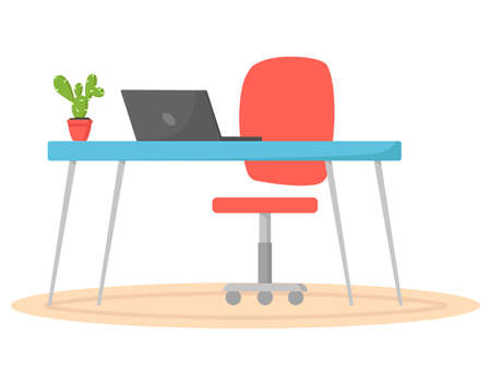 Table with laptop and chair in interior of workplace in apartment. Modern workplace interior with furniture and houseplant. Arrangement of furniture and plants at place for working from homeのイラスト素材