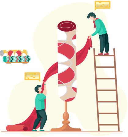 Manufacture of carpets concept. Men are working on design of new carpet, select materials for rug, interior shop. People stand holding textile product design template in workshop with rolled carpetのイラスト素材