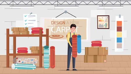 Design, decoration, choice, shopping, work concept. Young man designer decorator character chooses carpet in textile shop. Selection material or carpeting, interior design, buyer in flooring storeのイラスト素材