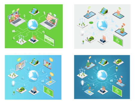 Set of illustrations about virtual meeting or video conference via social media. Chatting by...