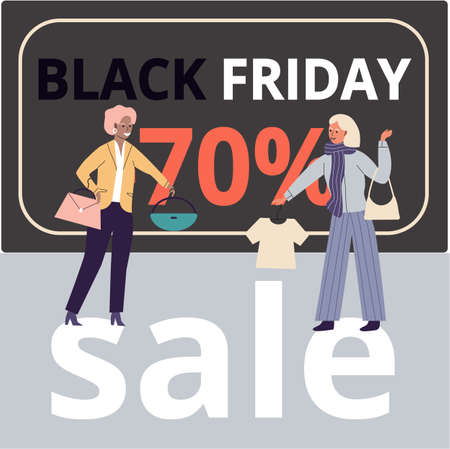 Women in clothing store on black friday. Seasonal discount offers clothes on sale. Closeout in boutique. Happy shopaholic makes purchase. Satisfied female customer with shopping bags in fashion marketのイラスト素材
