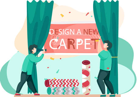 Man is working on design of new carpet, interior shop, exhibition of interior items. Manufacture of carpets concept. Person stands near rolled carpets, photographing rugs for advertising bookletのイラスト素材