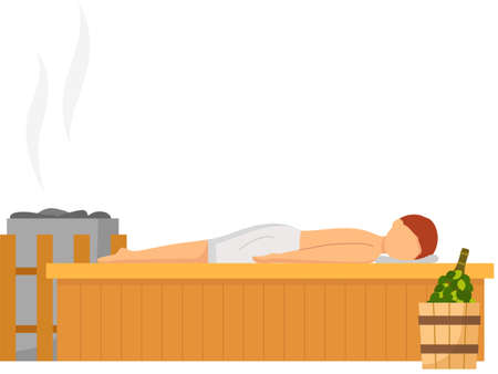 Man in white towel rest on wooden bench at hot steam sauna. Relaxing and wellness in finnish, russian bath or spa center. Heat therapy, relaxation and health care. Bathing character wellness procedureのイラスト素材