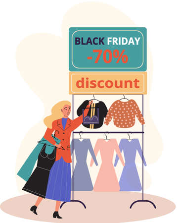 Women in clothing store on black friday. Seasonal discount offers clothes on sale. Closeout in boutique. Happy shopaholic makes purchase. Satisfied female customer with shopping bags in fashion marketのイラスト素材