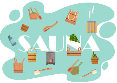 Sauna or SPA center banner template with bathhouse tools bucket, bath broom, soap, towels, thermometer, slippers. Cartoon vector for advertising. Accessories for relaxation in steam banya or hot saunaのイラスト素材