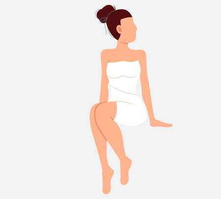 Woman sitting and relaxing in sauna isolated on white. Lady wrapped in white towel. Wellness spa procedures. Female character in bath resting alone. Girl takes care of health, enjoys in steam-roomのイラスト素材