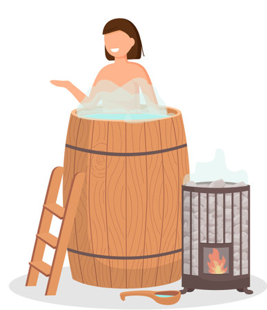Woman wearing bath towel sits on wooden bench at hot steam sauna. Relaxing and wellness in finnish, russian bath or spa center. Warm therapy female hot steam in sauna bathing character in bathhouseのイラスト素材