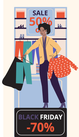 Women in clothing store on black friday. Seasonal discount offers clothes on sale. Closeout in boutique. Happy shopaholic makes purchase. Satisfied female customer with shopping bags in fashion marketのイラスト素材